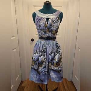 Bernie Dexter Blue and White Snowy Village Midi Dress